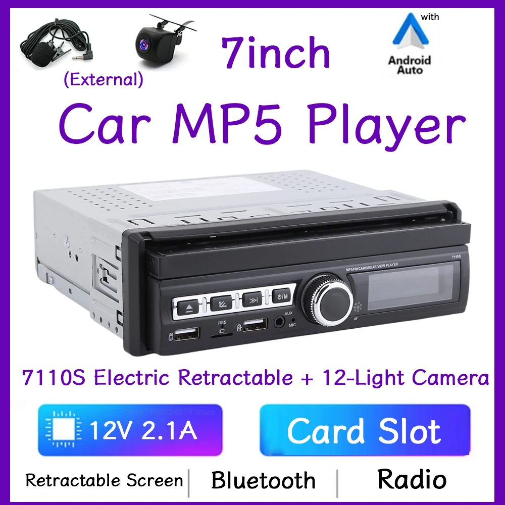 Car Radio 7 Inch Folding Touch Screen Radio USB AUX-in Slot for SD Card iOS Android Link Mirror Rear View Camera 1DIN Bluetooth