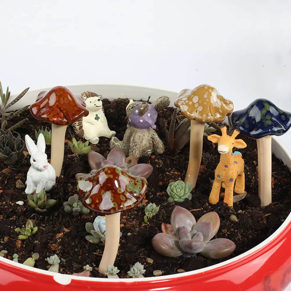 2Pcs Ceramic Mushroom Garden Ornament Set Colorful Mini Pottery Mushrooms Fairy Tale Lawn Decor Indoor Outdoor Fairy Garden