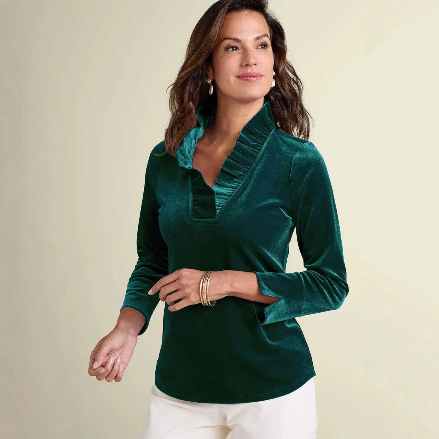 V Neck Top Side Slit Regular Fit Casual with Split Hem Patchwork Long Sleeve T Shirt Three Quarter Sleeve Summer for Women