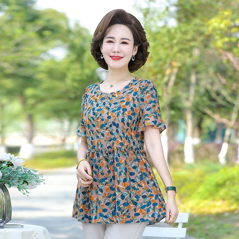 Women Chiffon Blouse Shirt V-Neck Short Sleeve Floral Female Tunic Casual  Blouse Female Clothing Ages 35-45 Years Old