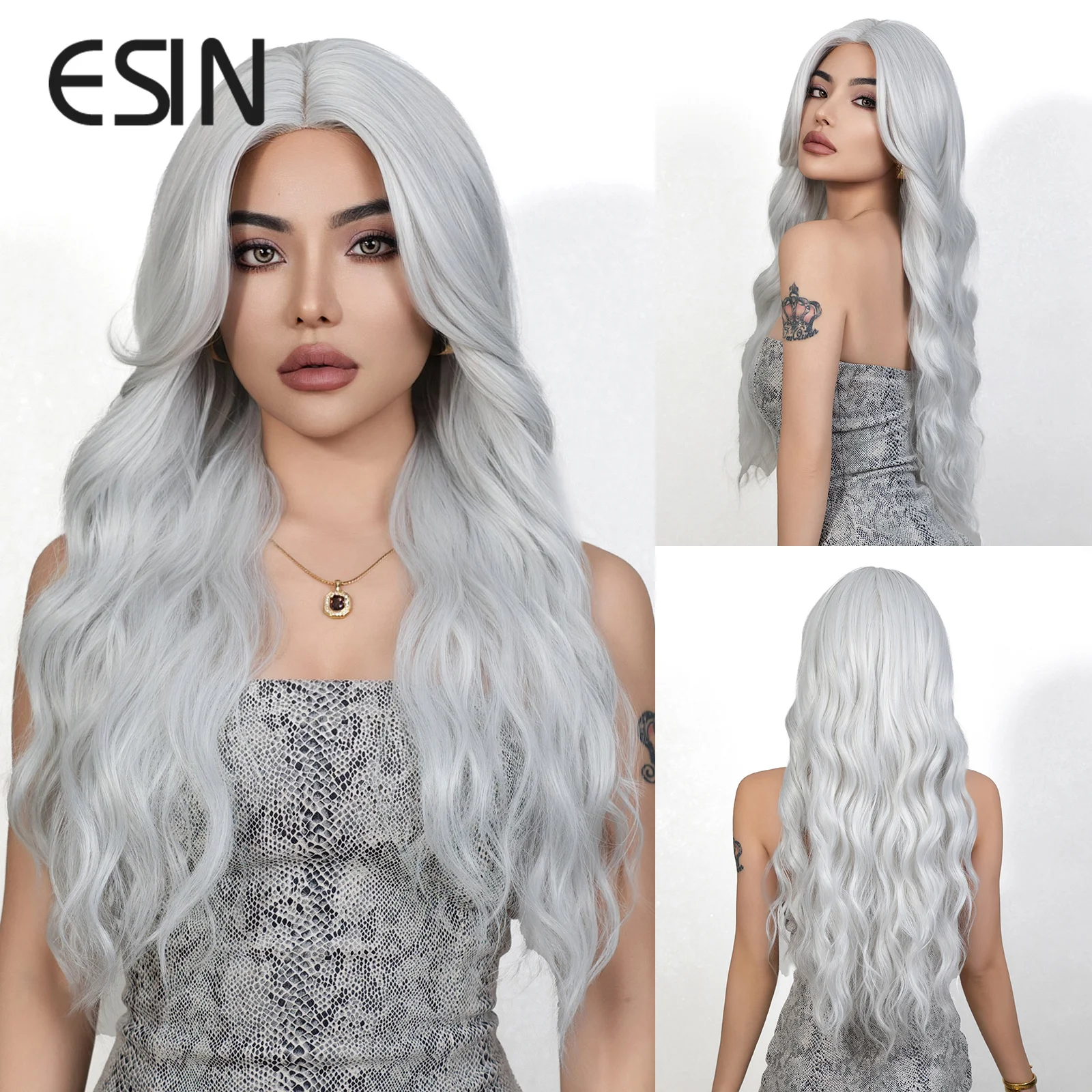 ESIN Silvery White Wavy Wigs with Bangs for Women Middle Part Synthetic Curly Party Wig Use Daily Heat Resistant Fiber Hair