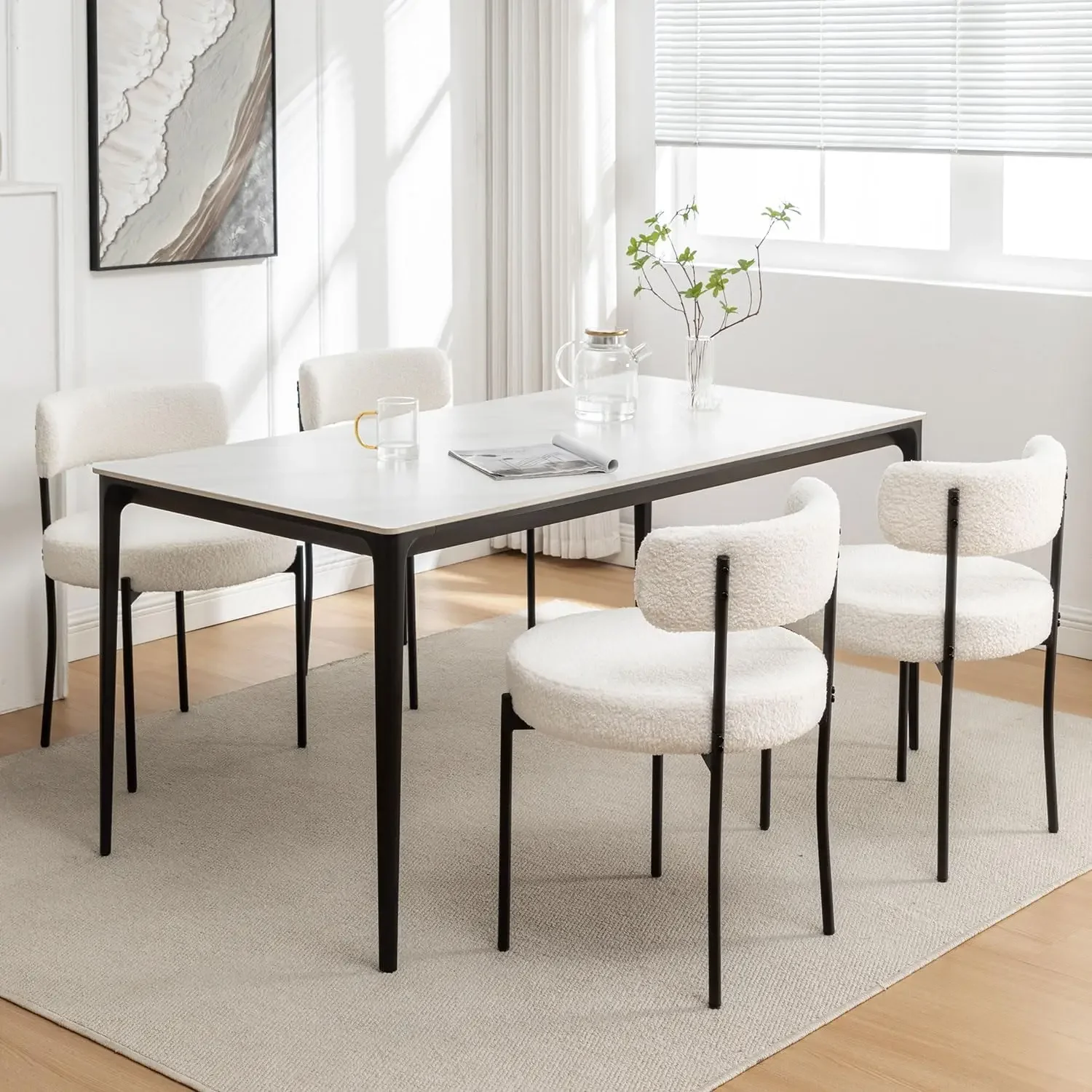 Boucle Dining Chairs Set of 4, Round Upholstered Dining Chairs with Black Metal Legs, White Modern Dining Room Chairs for Dining