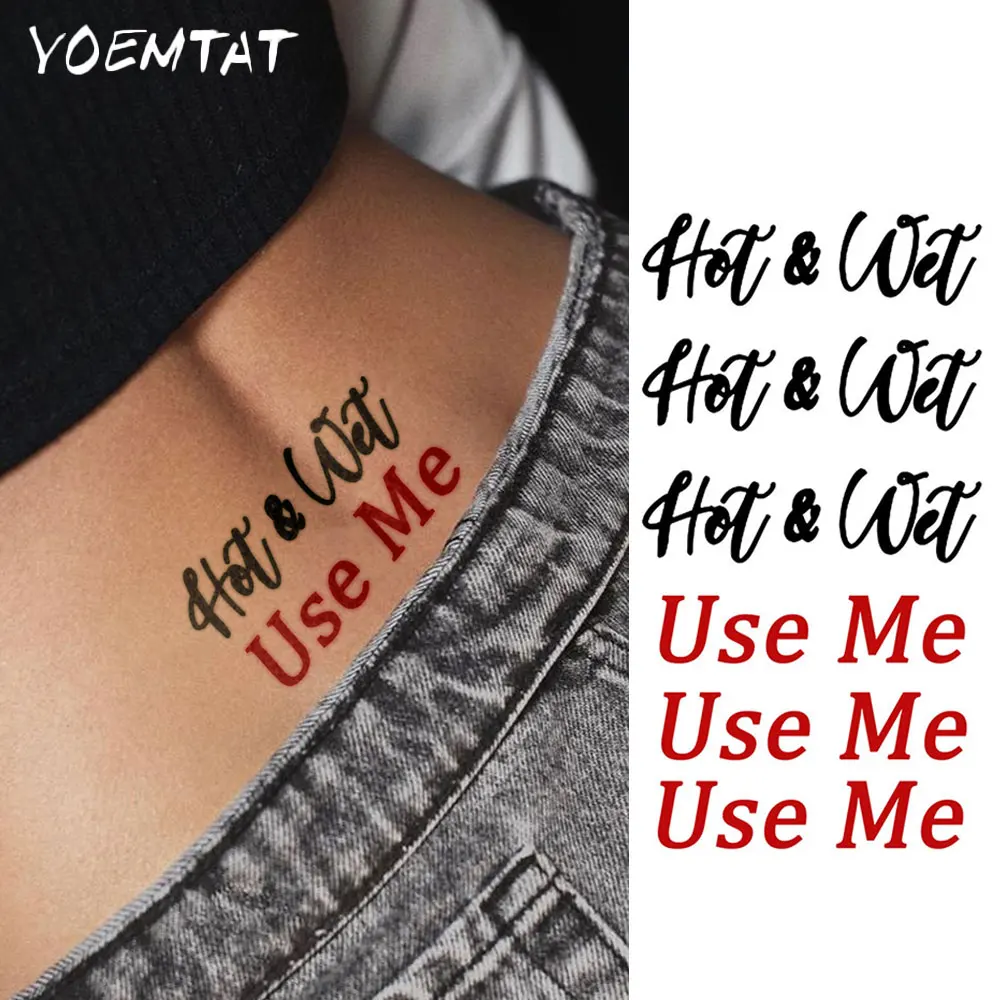 Autocollant de tatouage temporaire imperméable, noir et rouge, mots courts, phrase chaude et humide, utilisez-moi, bras d'art corporel, faux tatouages, manches pour femmes et hommes