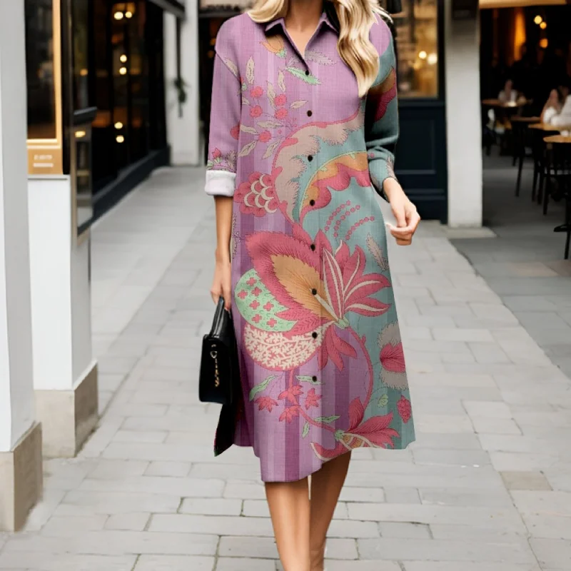 2025 봄/여름 여성 셔츠 칼라 드레스 레트로 3D 프린트 루즈핏 긴팔 드레스 우아하고 품격 있는 롱 드레스
