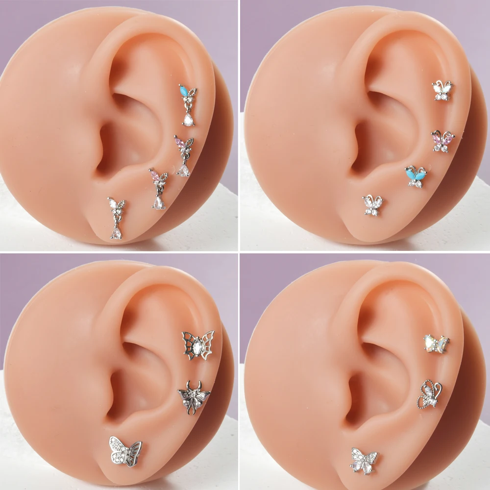 1PC Surgical Steel Turquoise Marquise Butterfly Zircon Ear Cartilage Tragus Helix Earring Daith Lobe Screw Piercing Body Jewelry