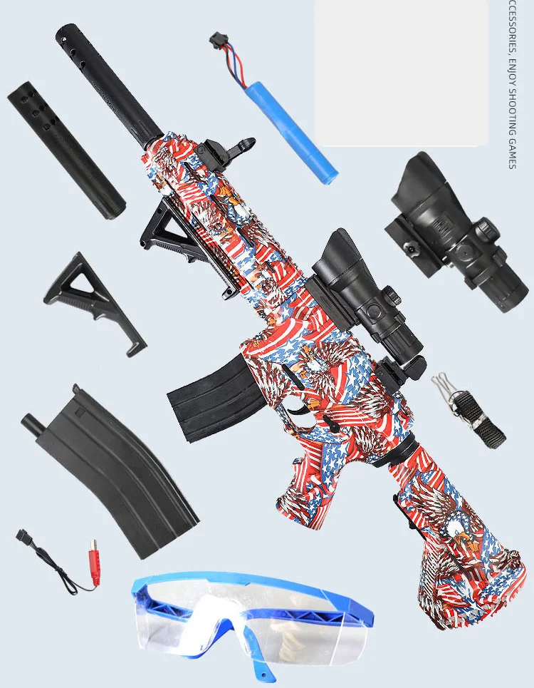 2025 New Model M416 Automatic and Manual Gel Ball Toy Gun 7.4V High-Speed Firing with USB Charging Cable and Target Holiday Gift