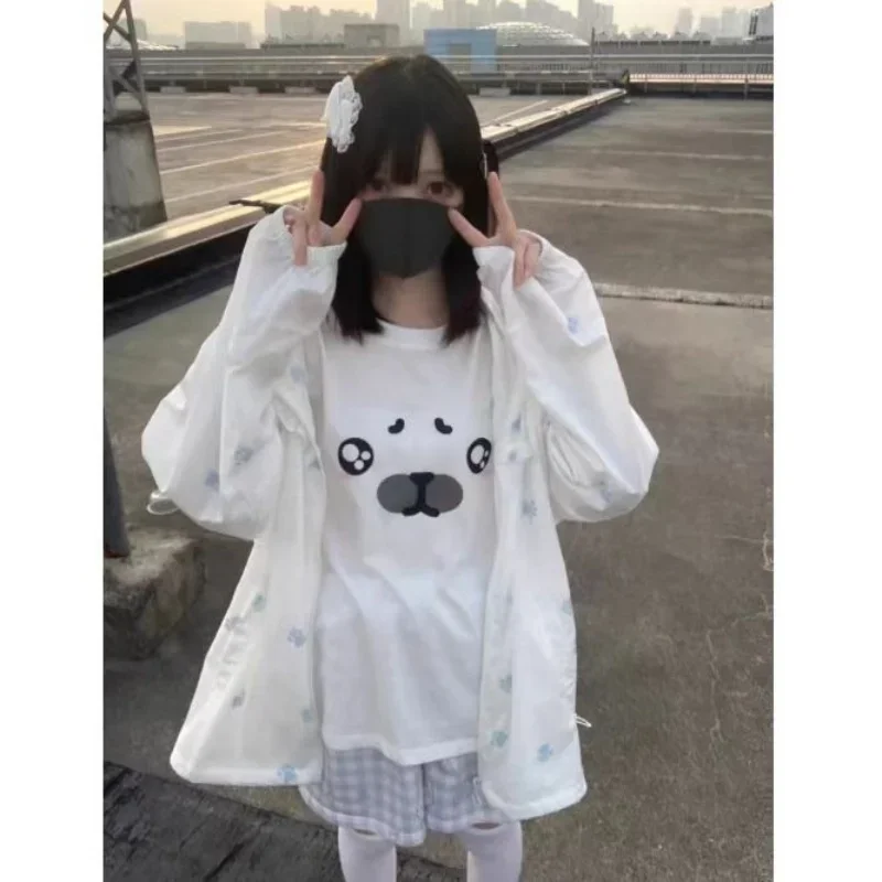 Japanisches weißes süßes T-Shirt mit Kawaii-Cartoon-Seehalschweißdruck, Preppy, niedliche Freizeit-T-Shirts, modische Harajuku-Mädchenmode, Y2k-Oberteile – Detail 3