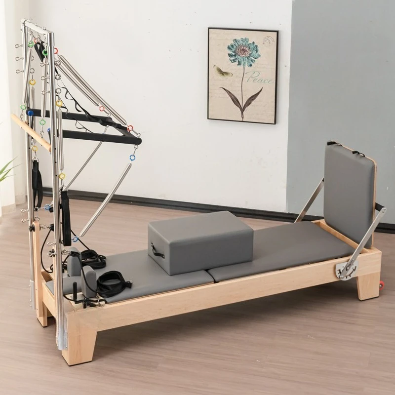 

Premium White Maple Wood Pilates Reformer, Professional Body Balance Training Bed with Half Tower