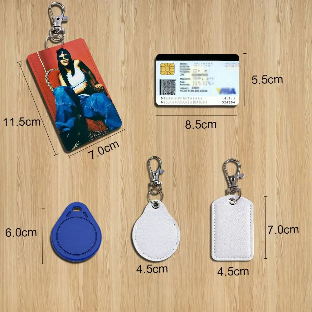 A-Aaliyah Singer Card Case Leather Card Holder Keychain Key Ring Door Access Tags ID Card Case Keychain
