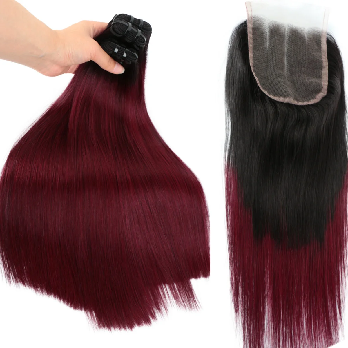 부르고뉴 옹 브르 1B/99J 스트레이트 인간의 머리카락 묶음 (클로저 3 PCS 번들 100% 인간의 머리카락 직조 투명 4X4 레이스 클로저)