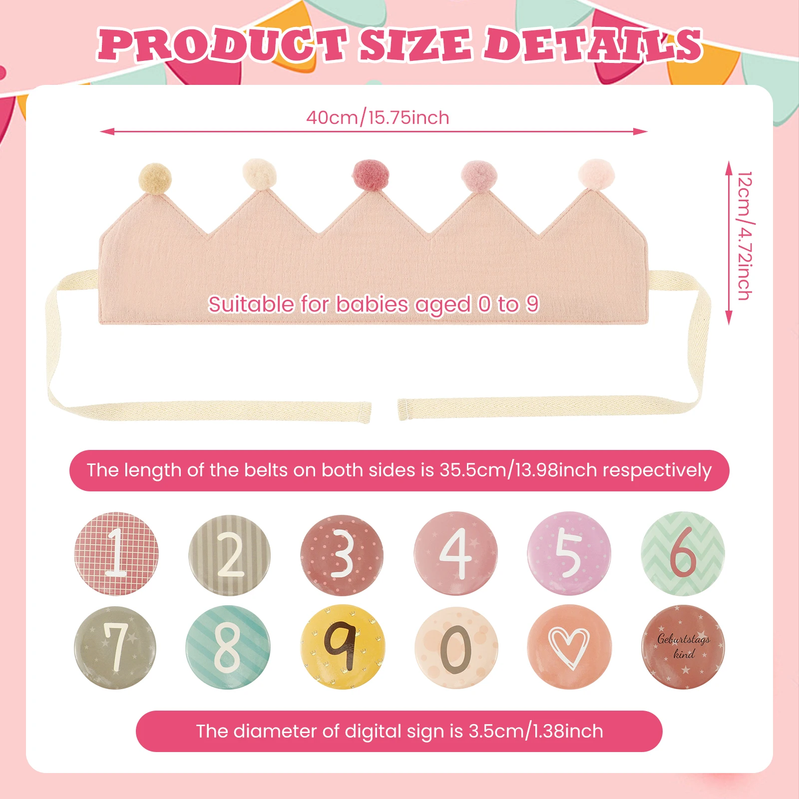 Kid Birthday Gauze Crown Soft Skin Fabric Birthday Crown Hat Adjustable Strap Design with 0-9 Digital Labels Photographic Props