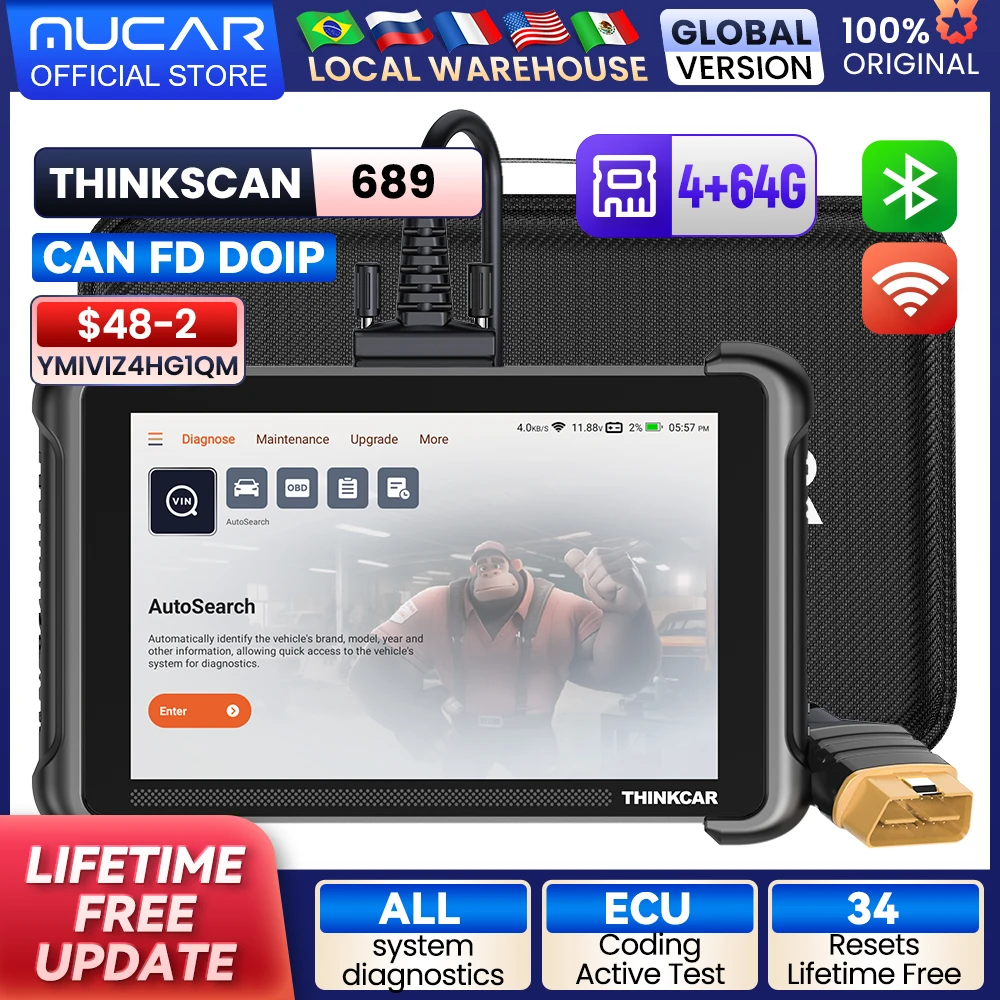 THINKCAR THINKSCAN 689 CANFD Car Scan Tool 34 Reset Obd2 Scanner All System Diagnostic Tool ECU Coding Active Test DOIP Free