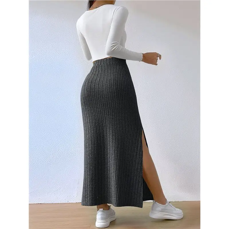 ABAE-أنثى الصلبة عالية الخصر سبليت الجانب تنورة عادية محبوك ماكسي التنانير مريح Bodycon فستان #2