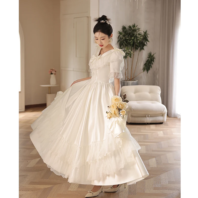 

Белое простое винтажное женское платье в гонконгском стиле для свадьбы, элегантное длинное платье с глубоким V-образным вырезом, средней талией и короткими рукавами