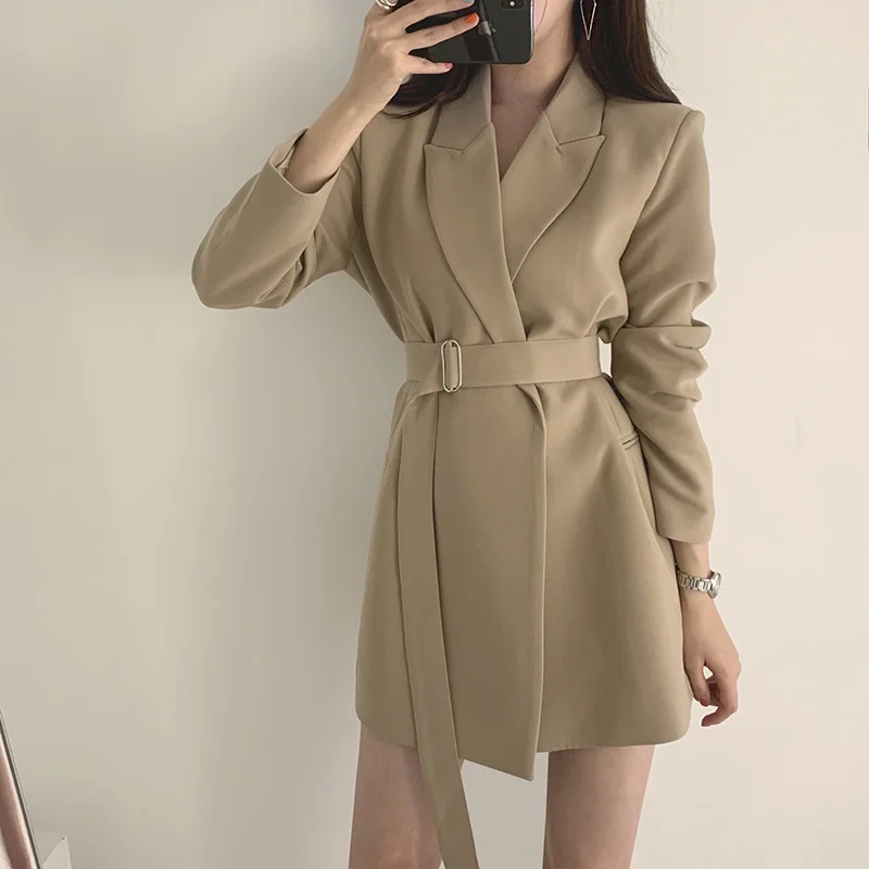 Women\'s Lengthened Blazer with Inner Lining and Belt, Professional Jacket, Monochromatic, Spring and Autumn, New, Large