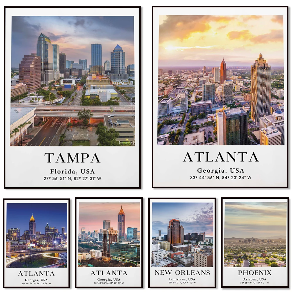

New Orleans, Atlanta skyline, North Carolina, San Francisco, Phoenix Arizona, Tampa skyline, Madison skyline USA travel poster