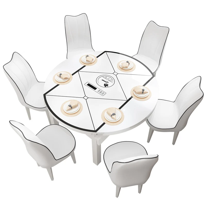Solid wood dining table and chair combination, modern simple folding retractable dining table, small household round