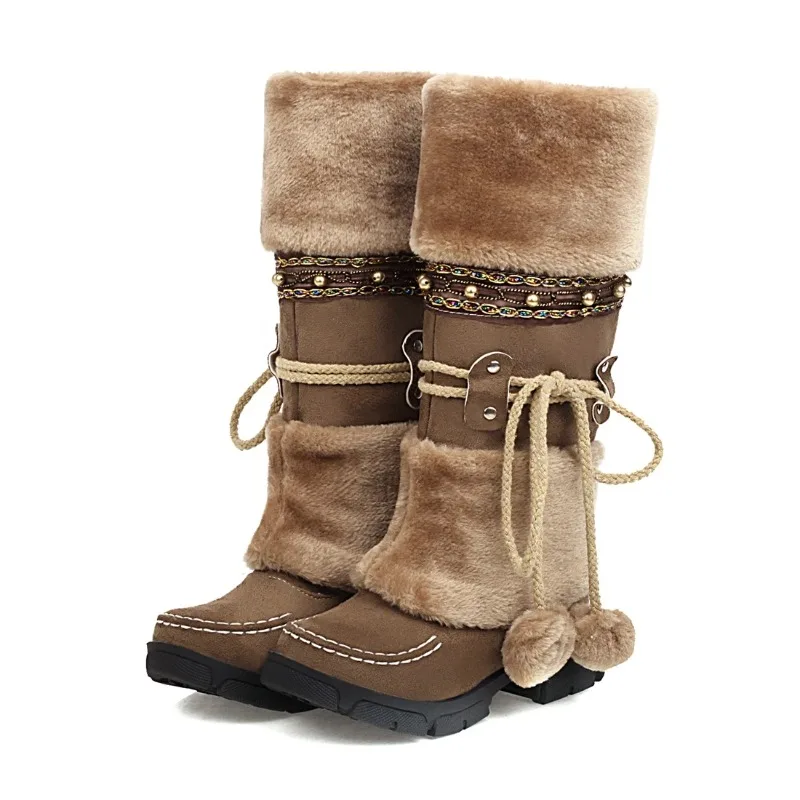 

Winter Warm Mid Calf Women's Retro Snow Boots, Vintage Ethnic Stylish Handmade Weaving Fuzzy Ball Decor Chunky Heeled Booties