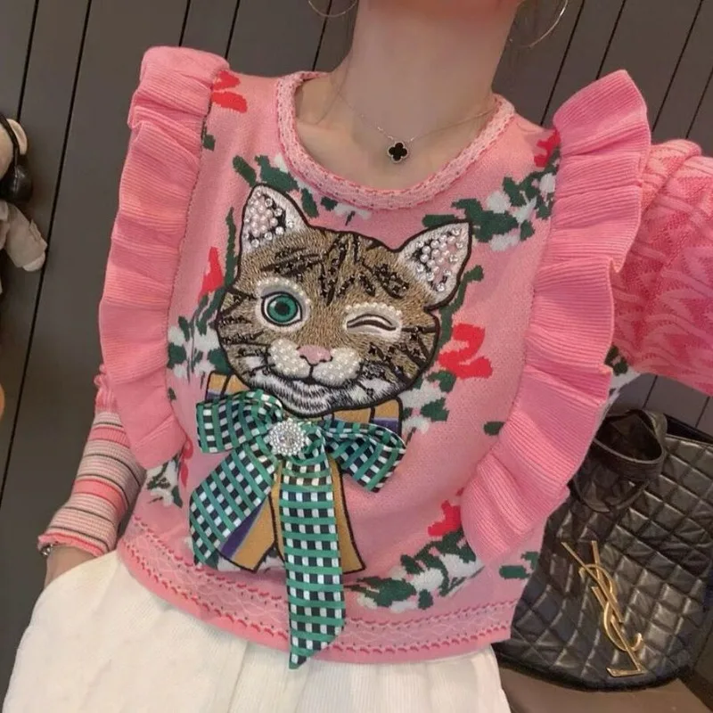 Round Neck Heavy Beaded Jacquard Embroidery Kitten Head Ruffled Long Sleeve Knitwear Lady Classic  Decoration on Wooden Ear Edge