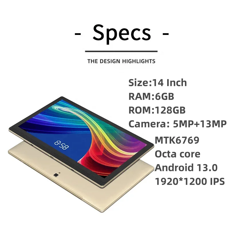 2023 Oem Slim Large Touch Screen 14'' 1920*1200 IPS FHD Android 13  Wifi Dual Sim 6G RAM 128GB ROM Octa Core 14 inch Tablet PC