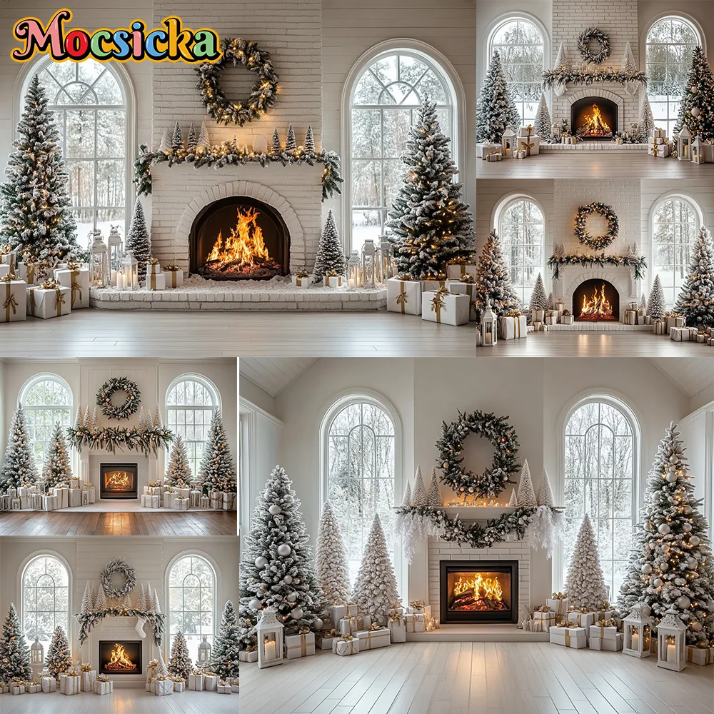 Mocsicka Photography Backdrop White Christmas Wreath Fireplace Decoration Family Xmas Holiday Party Portrait Photo Studio Props