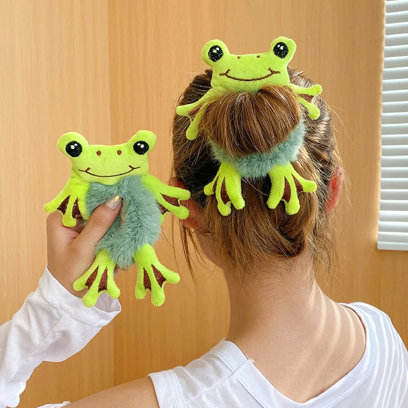 Cute Winter Plush Cartoon Frog Bear Scrunchie Women Girls Kids Elastic Hair Bands Accessories Hair Ring Rope Headdress Ornaments