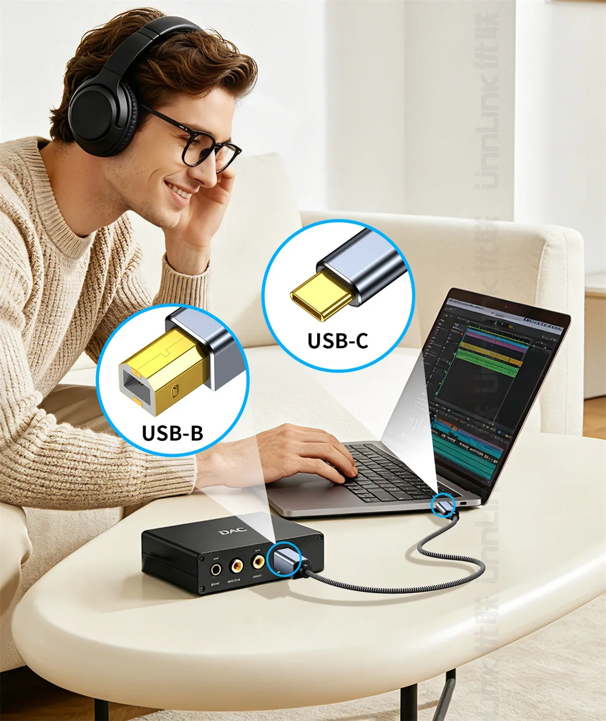 Unnlink USB-C zu USB-B Audiokabel für MIDI-Controller Keyboard Elektronisches Klavier Synthesizer Soundkarte DAC DJ-Mixer Controller – Detail 4