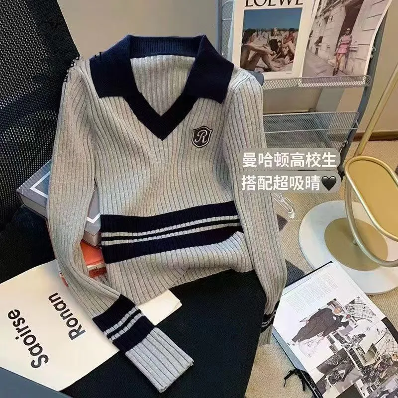 

British Preppy Style Polo V Neck Knitted Sweater Women Slim Long Sleeve Striped Crop Top Korean Casual Golf Wear Sueter Mujer