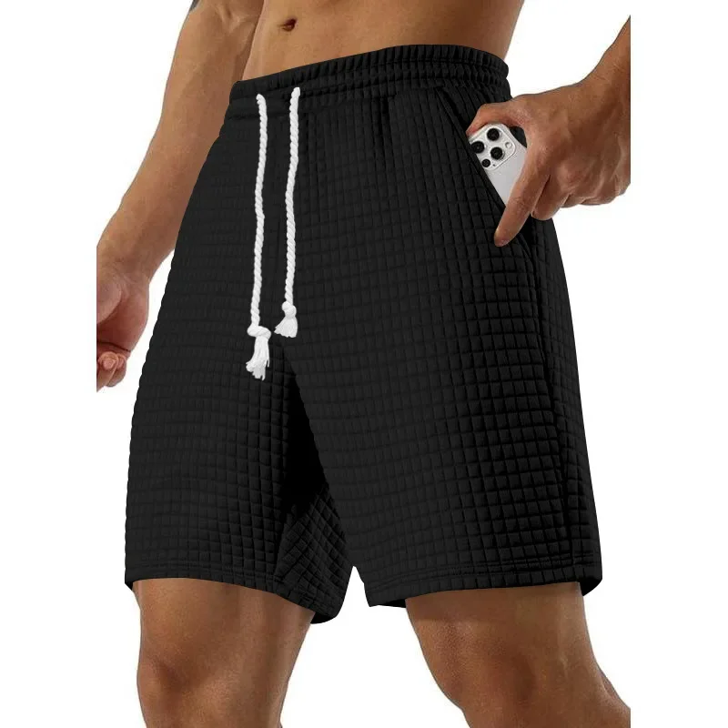 Summer New Men's Casual Sports Football Shorts Loose Straight Solid Color Small Grid Trendy Shorts