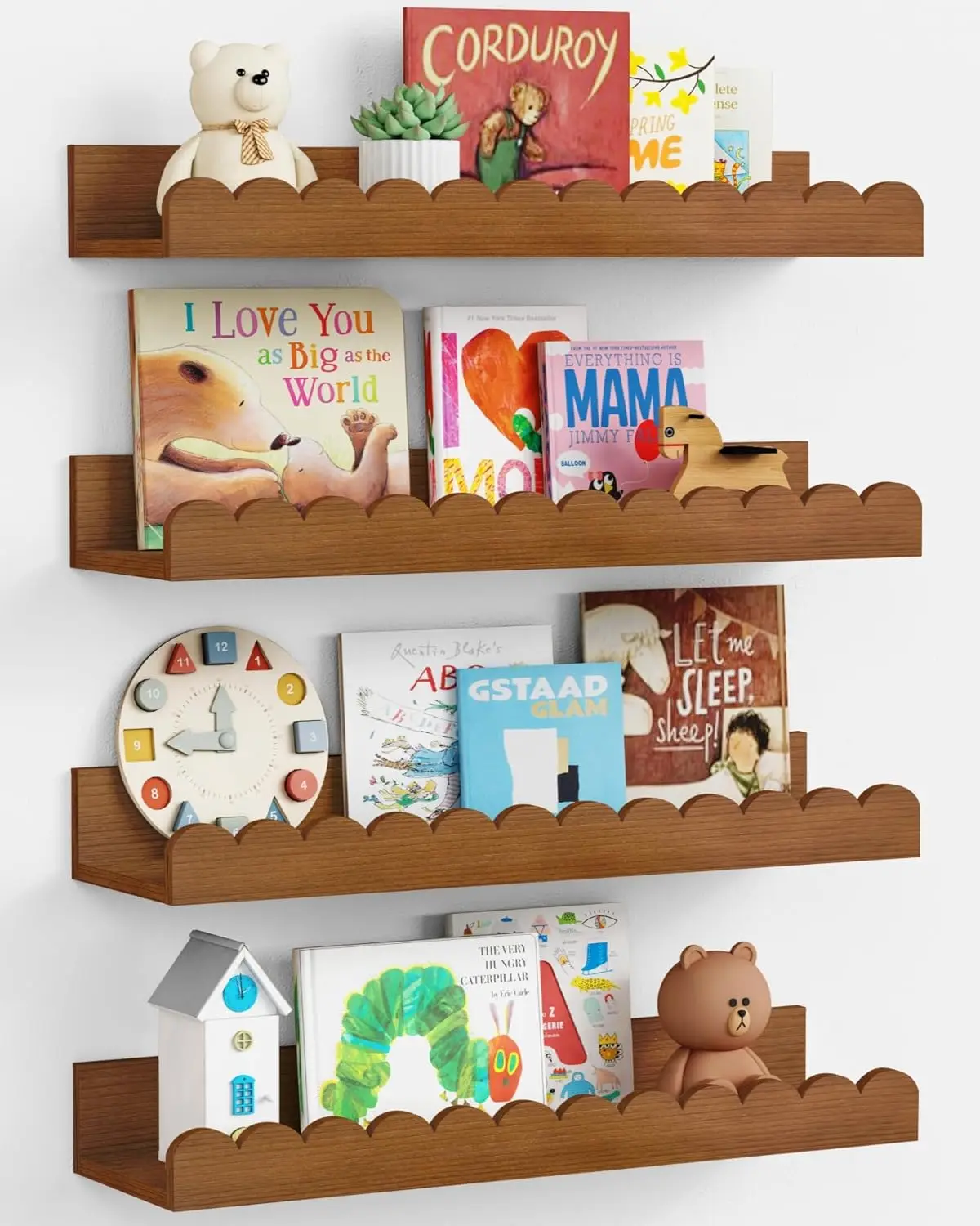 

Scalloped Floating Bookshelf Set of 4, Dark Wood Nursery Shelves for Kids Room, Wall Mounted