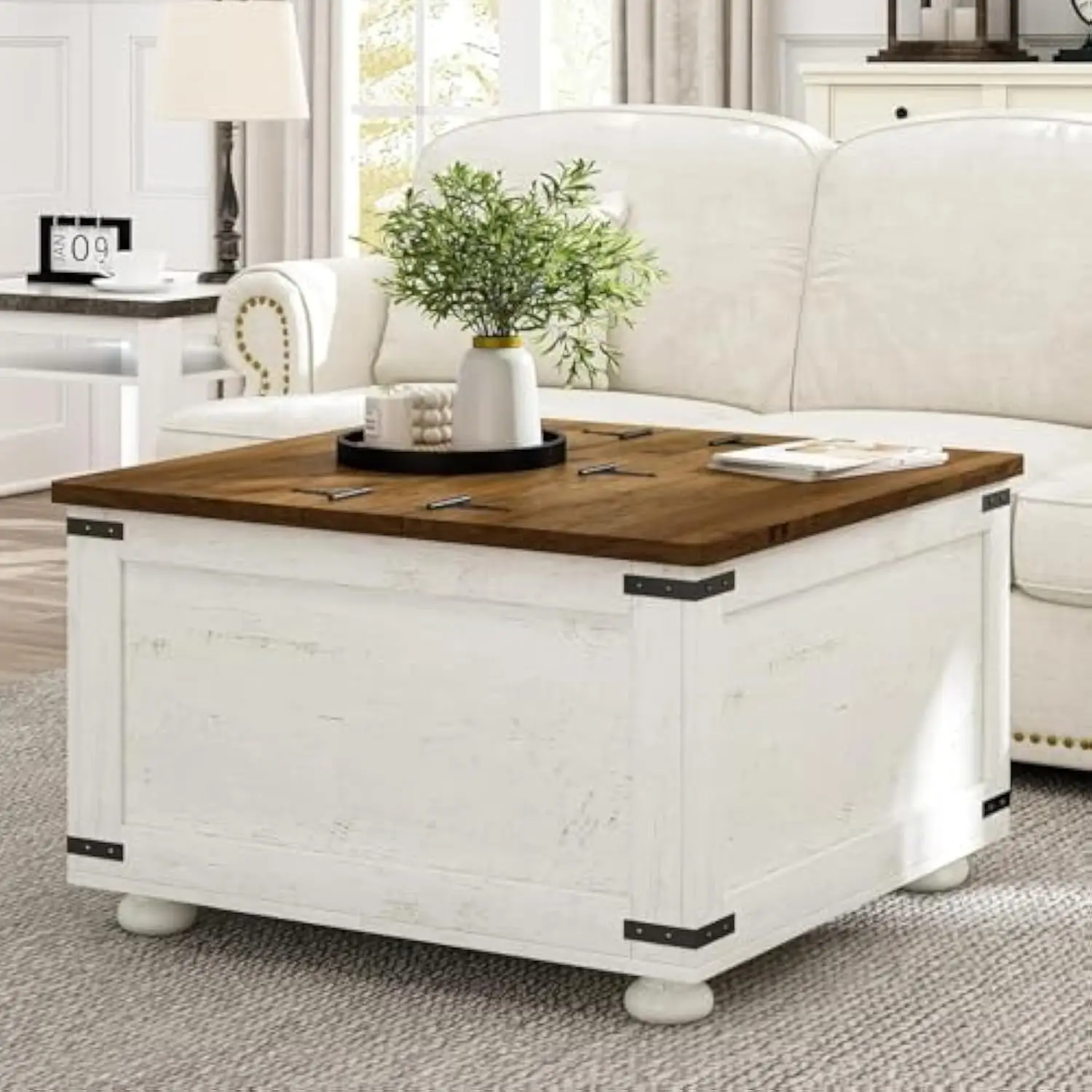 

Farmhouse Square Coffee Table with Storage, White Square Coffee Table with Storage Hidden Compartment and Hydraulic Gas Rod for