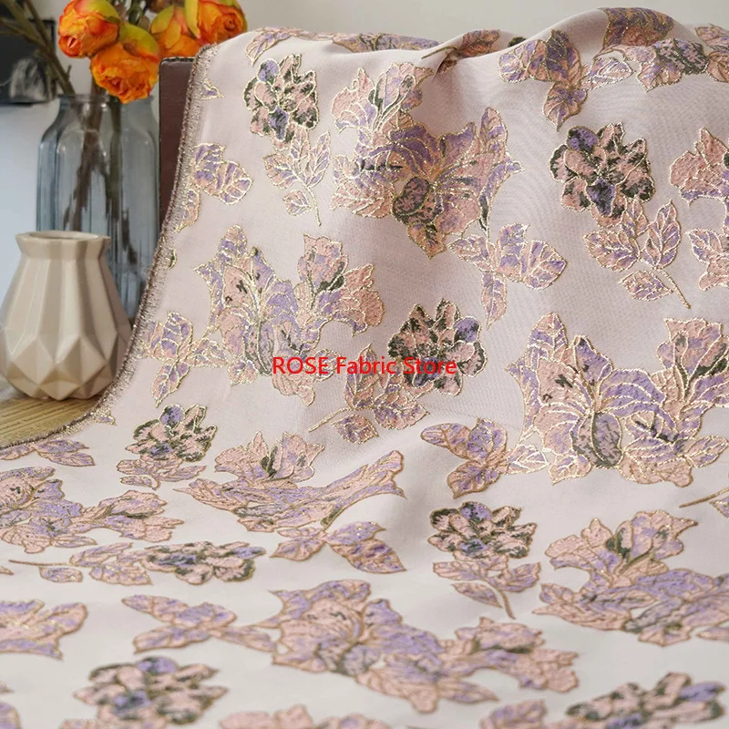 

1-метровая золотая шелковая пряжа с цветочным узором, жаккардовая ткань, женская весенне-осенняя пышная юбка, платье, декоративная швейная ткань