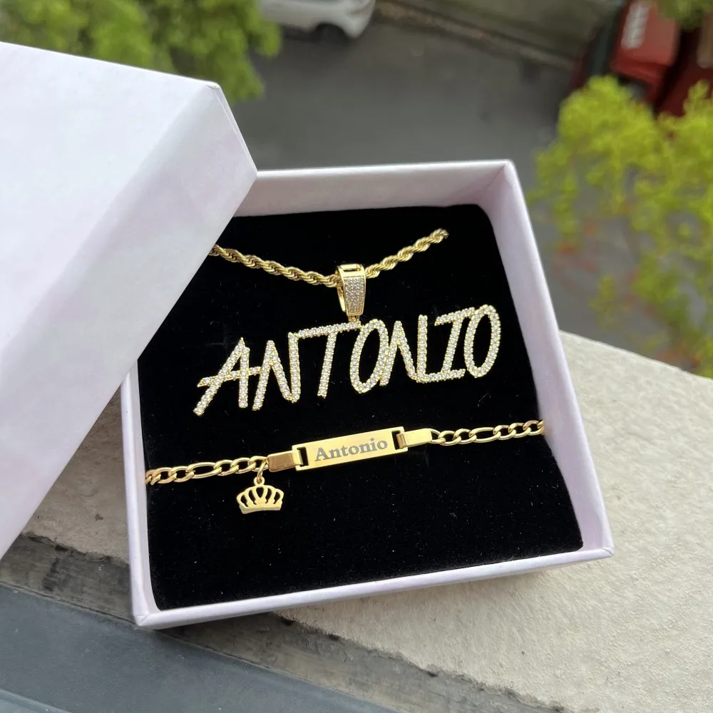 DUOYING  Custom Script Name Set Personalized Capital A-Z Pendant Rope Chain Necklace Baby ID Crown Name Bracelet Boy Jewelry
