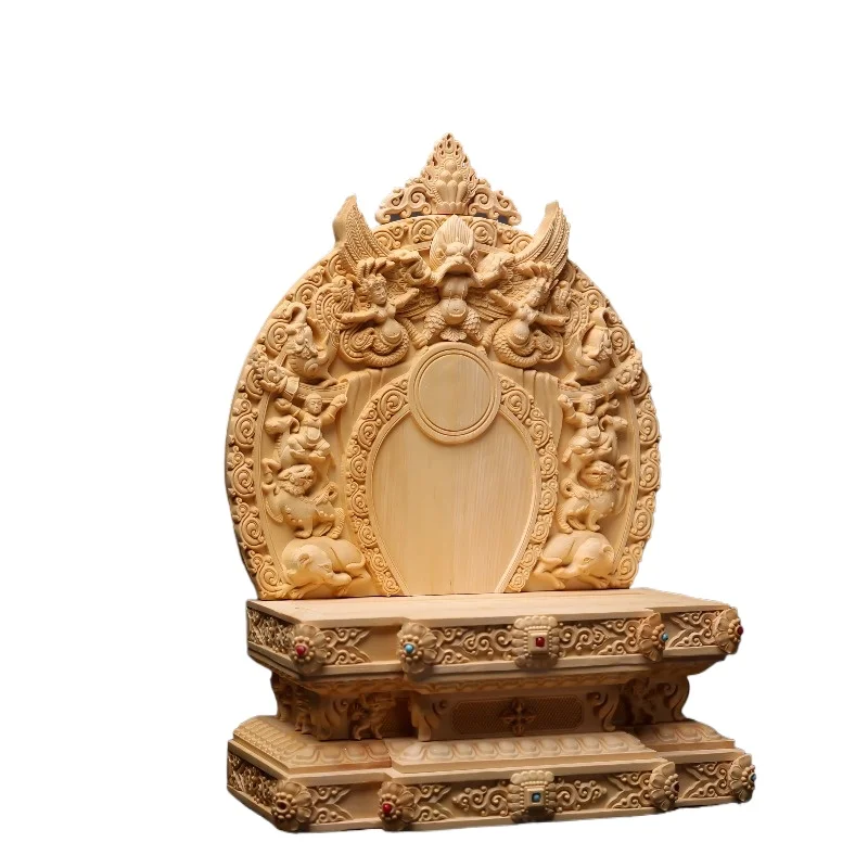 Hand-Carved Hinoki Wood Tibetan Buddha Statue Stand - 15.7