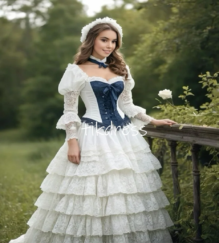 

Antique Victorian Wedding Dress Tiered Lace Gothic Bustle Bride Dress 19th Century Long Sleeve Medieval Bridal GownCustomized