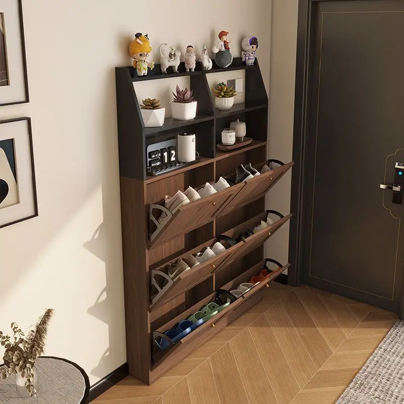 Solid wood medium and ancient style ultra-thin tipping bucket shoe cabinet extremely narrow shoe cabinet entrance