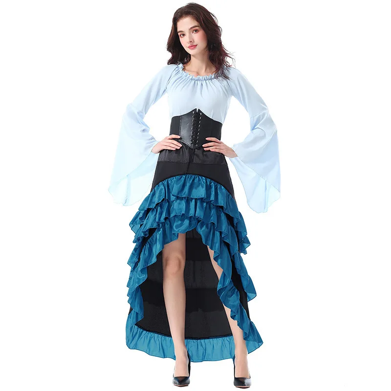 

Polyester Pirate Costume Mermaid Hem Dress Medieval Corset Waist Vintage Long Skirt