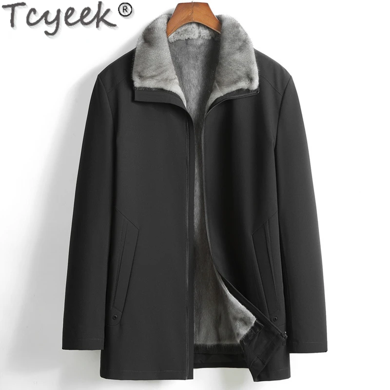 

Tcyeek Winter Natural Mink Fur Jackets for Men Mid-length Parka Men's Warm Real Fur Coat Fashion Black Fur Jacket Streewear