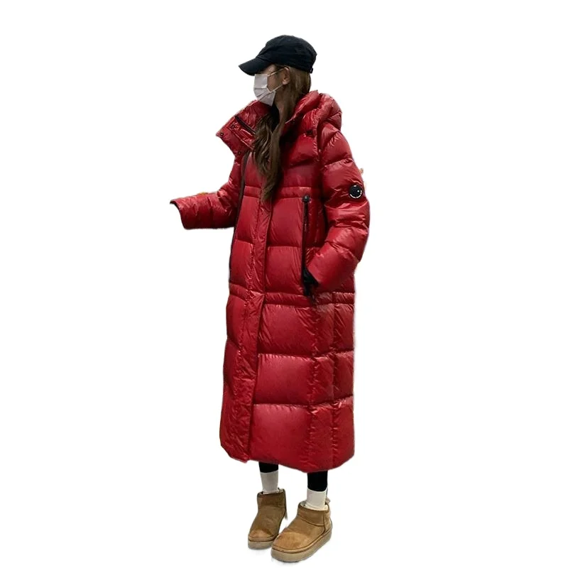 

Natal Year Red Long White Duck Down Feather Clothes Women's Winter New High-end Super Good-looking Long Coat Hooded Pure Color