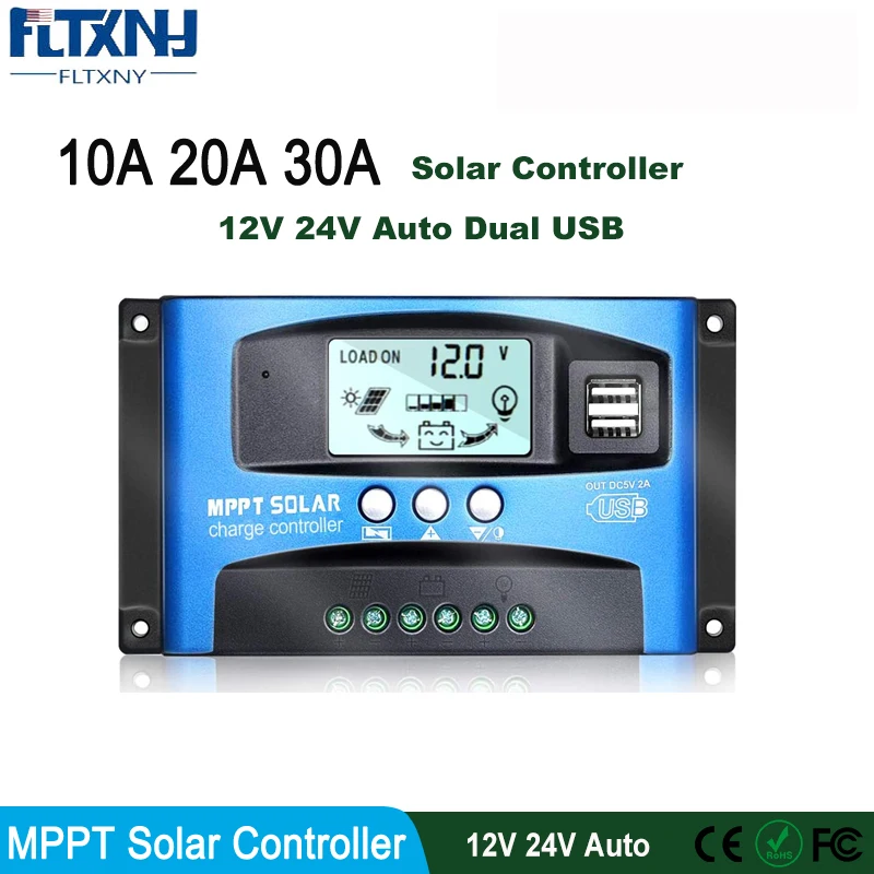 FLTXNY LCD Dualusb Solar Charge Controller 12V 24V Auto 5V Output Solar Panel Small PWM Regulator Battery Charger