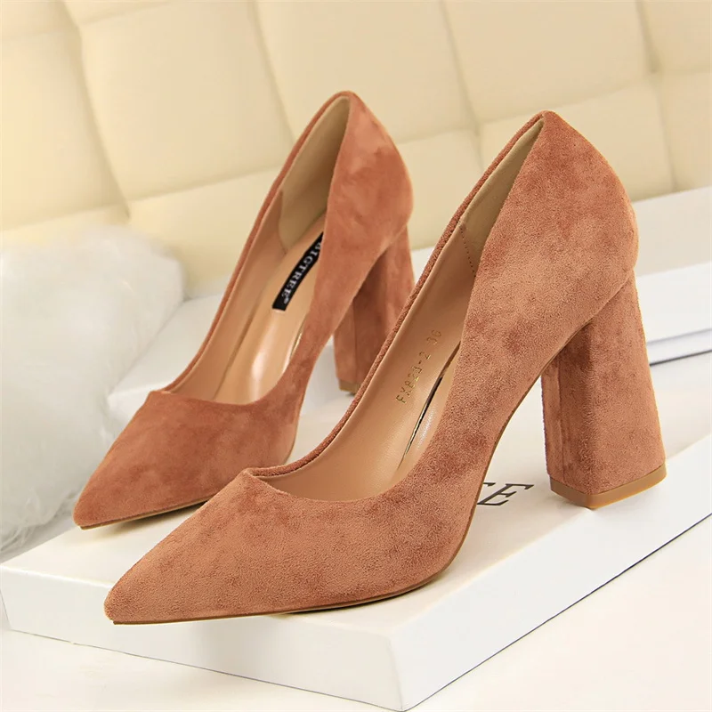 Summer Women Shallow Mouth Pointed Toe Pumps Elegant Sweet Wedding Block Square Middle Heels Flock Suede Single Shoes