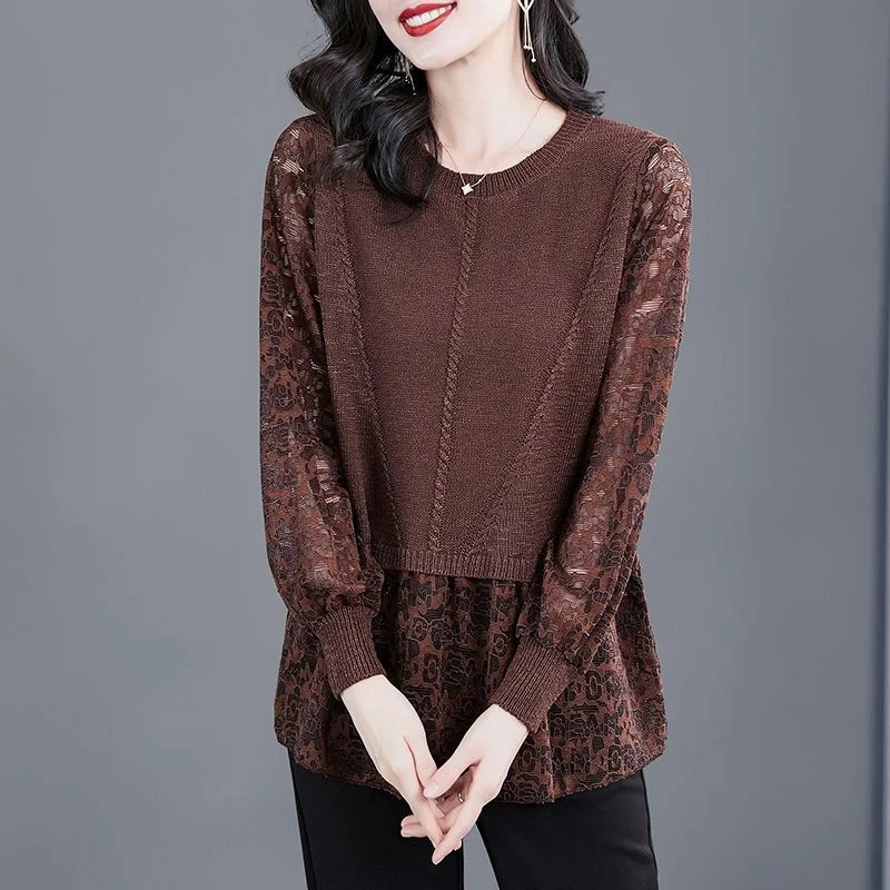 M-6XL Fashion Lace Shirts Spring Autumn New High End Fake Two Pieces Knitted Pullovers Women Large Size Patchwork Long Sweater