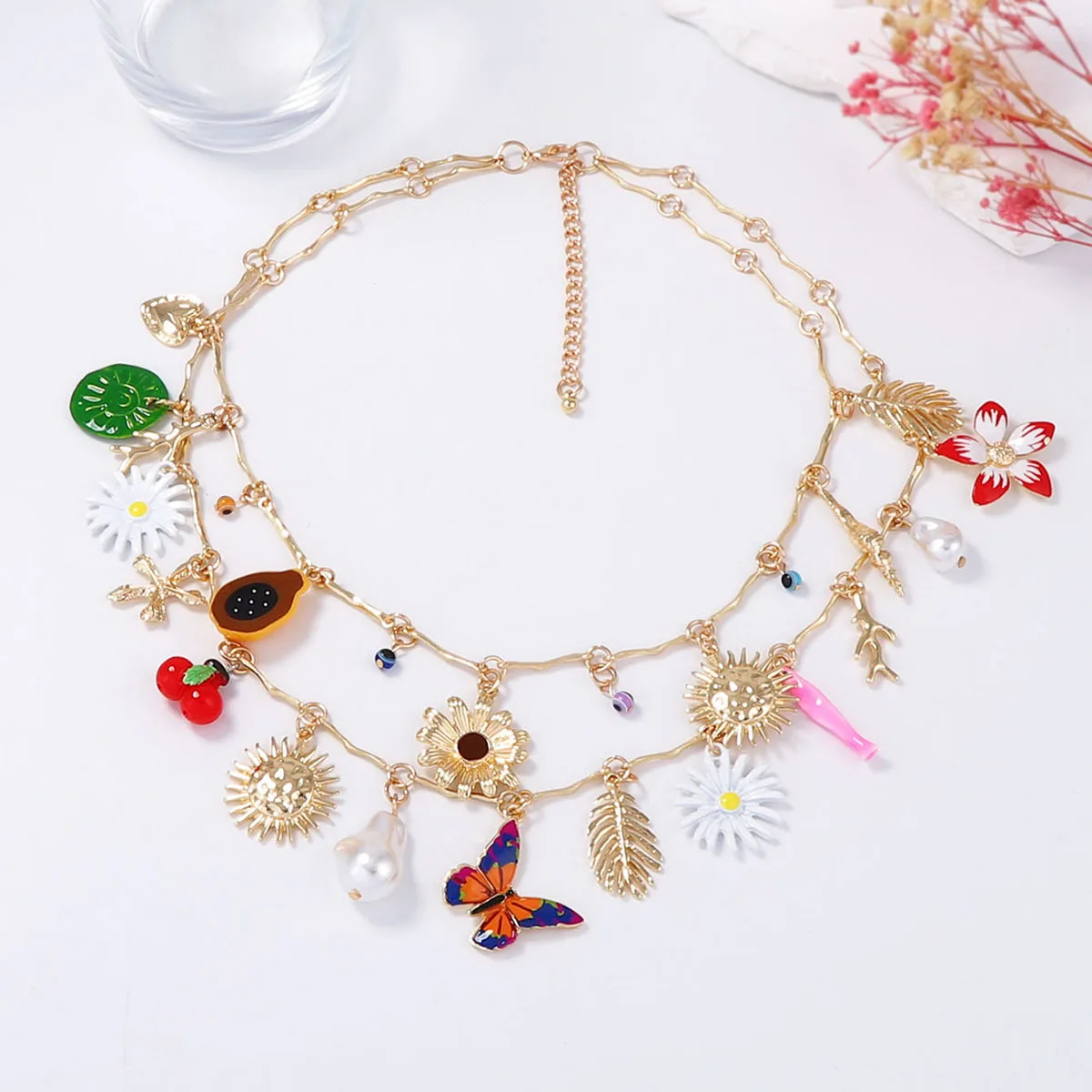 

ZAA Personalized Double-layer Metal Chains Butterfly Flower Sunflower Imitation Pearl Pendant Necklace for Women's Jewelry Gifts
