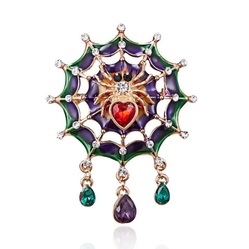 Exaggerated Personality Enamel Drop Oil Spider Web Brooch Water Drop Insect Fashionable Men Women's Clothing Badge Accessories