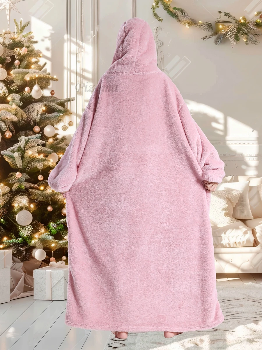 Red Plus Size Christmas Clothing One Piece Hooded Oversized Hoodies for Women Apple Emboridery Winter Warm Flannel TV Blankets