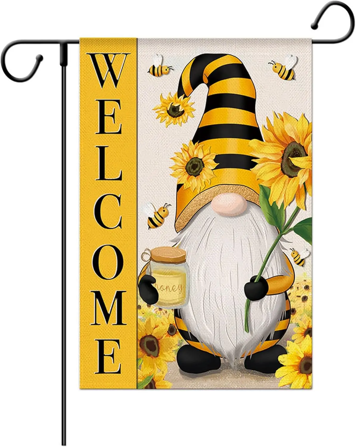 Welcome Spring Summer Garden Flag Sunflower Gnome Floral Bee Flag, 12 x 18 Inch Vertical Double Sided Burlap Banner for Outd jjp