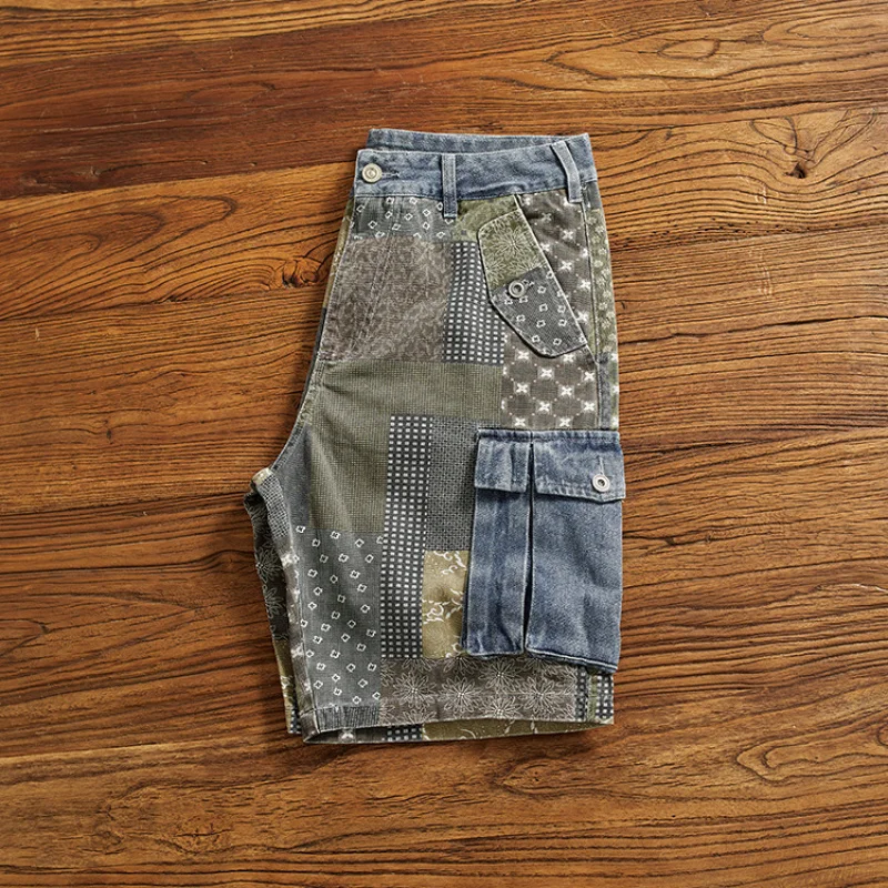 Cashew flower print workwear denim shorts men's loose summer distressed washed casual five quarter pants