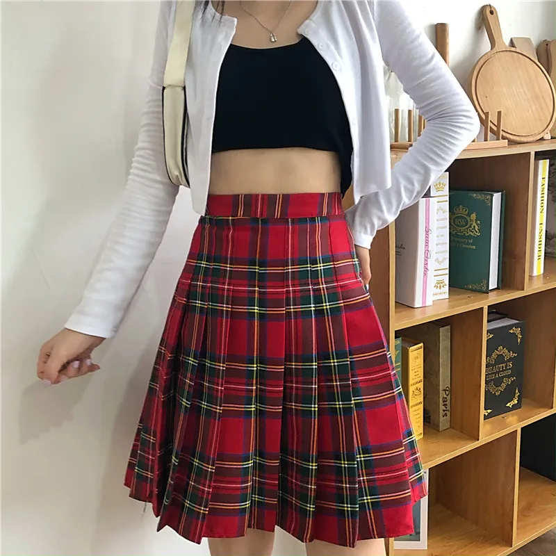 Red Plaid Pleated Skirt Women\'s Clothes Korean Stylish Girls School Clothes Summe Mini A Line Saias Black Skort For Women