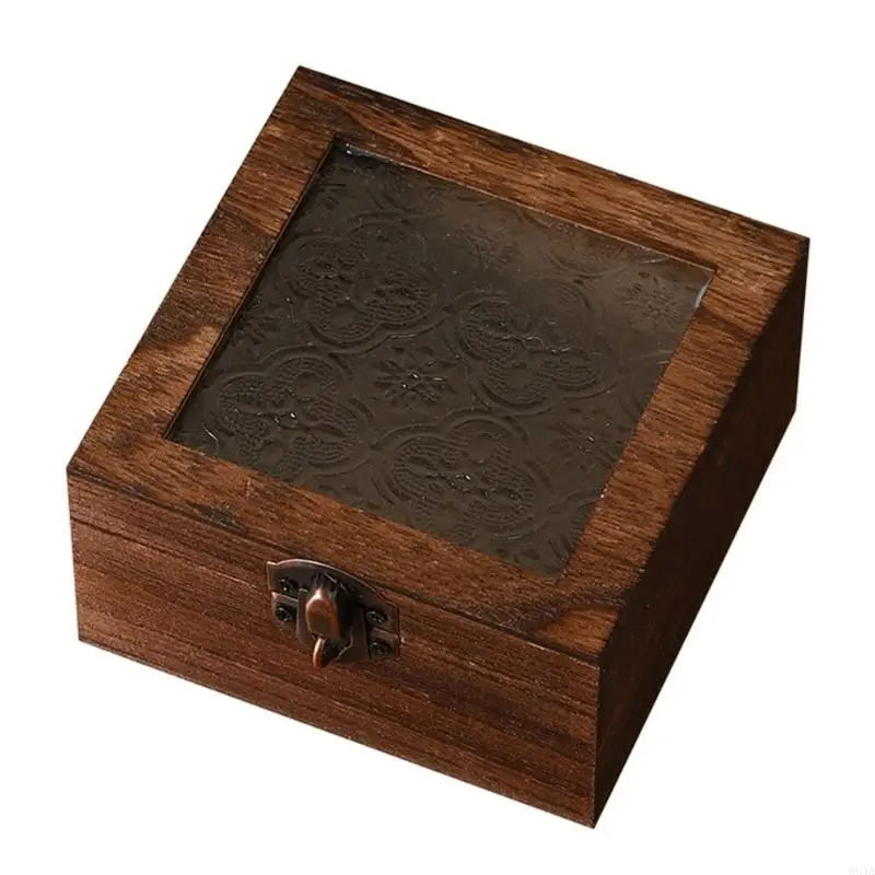 صندوق تخزين المكياج الخشبي مع غطاء زجاجي مزين بالزهور منظم مجوهرات مقاوم للخدش لتزيين مضمد 964A