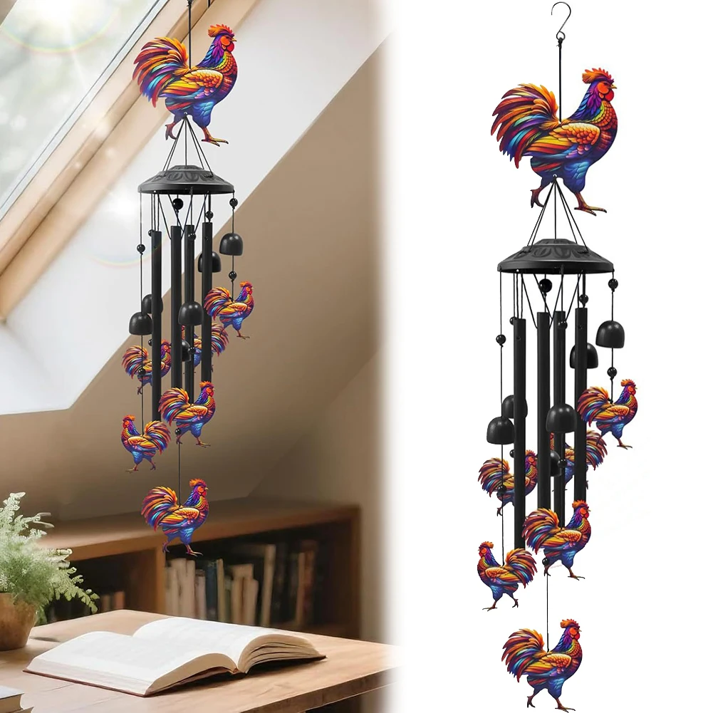 1Pc 36 Inch Colorful Rooster Wind Chime Handmade Metal Windbell For Outdoor Garden Yard Patio Hanging Decoration Vintage
